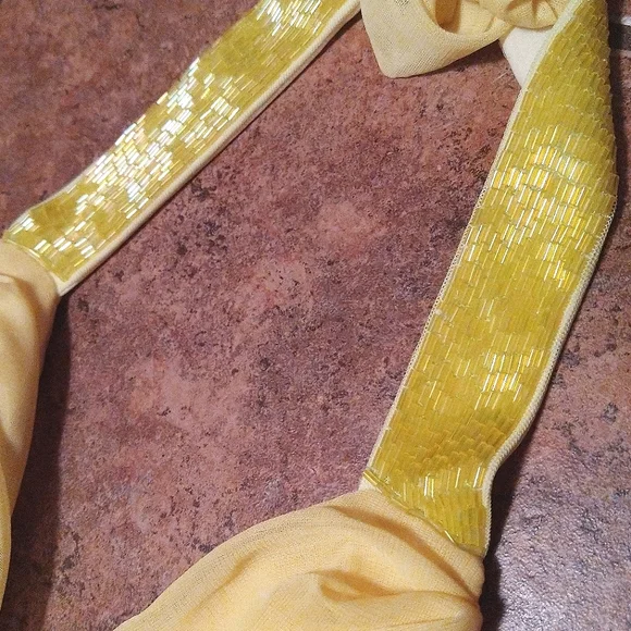 Vintage B. Darlin Full Length Halter Dress, Yellow with Bead Detail on Neck, 3/4 - Picture 3 of 3